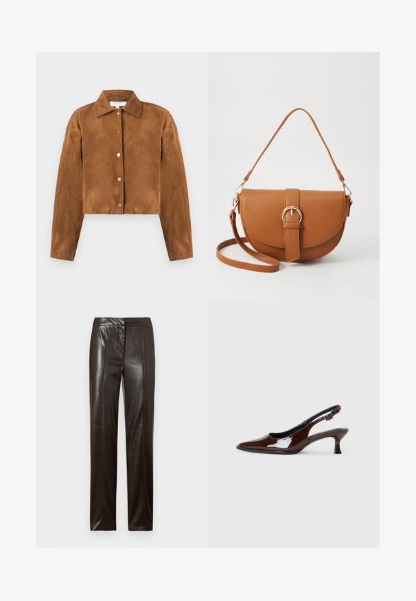 Pruun suede lühike jakk krae, pikad varrukad ja viis ümmargust nupuvajutust ees. Sujuv tekstuur, minimalistlik disain.; Must mustriba mustriba õhuke rihmadega, ribakujuline struktuur ja lahtine kaelus. Materjal tundub pehme ja kehaümber, minimaalsete õmbluste ja ilma mustriteta.; Tumed pruun sirge säärega nahkpüksid, millel on sile pind ja peened õmblused ees.; Pruun patentnahast slingback tossud terava nina ja mõõduka kandega. Omab pandla rihma kindla istuvuse tagamiseks. Sile tekstuur.; Pruun nahast õlakott, millel on kumer kuju, kullavärvi riistvara ja pandlaga kaunistus. Omab eemaldatavat õlarihma.