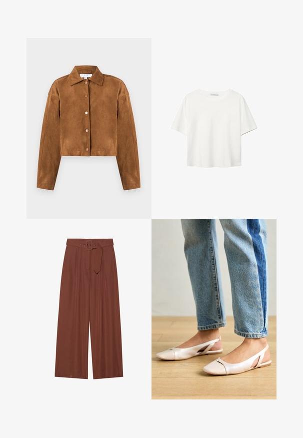 Hnedá semišová skrátená bunda s golierom, dlhými rukávmi a piatimi okrutníkovými gombíkmi po celej dĺžke. Hladký povrch, minimalistický dizajn.; Biela krátkopsová tričko vyrobené z bavlny. Má okrúhly výstrih a voľný strih. Hladká textúra bez viditeľných vzorov alebo akcentov.; Hnedé široké nohavice vyrobené z látky, s opaskom so štvorcovou prackou, s nariaseným dizajnom a hladkou textúrou.; Svetloružové slingback baleríny s jemne špicatou špičkou, vyrobené z hladkého materiálu pripomínajúceho kožu. Majú výrezové detaily na stranách a plochý opätok.