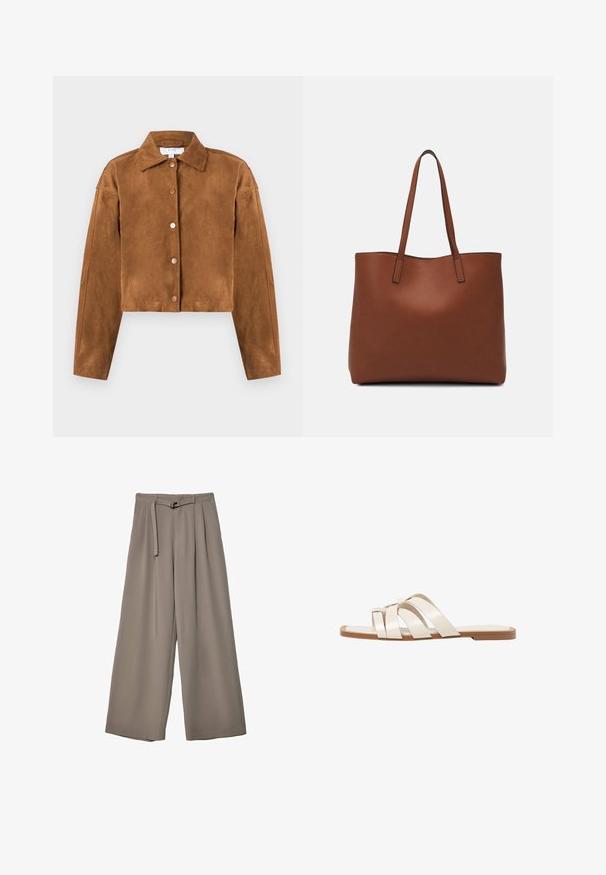 Giacca cropped in suede marrone con colletto, maniche lunghe e cinque bottoni a pressione circolari sul davanti. Texture liscia, design minimalista.; T-shirt bianco a maniche corte realizzato in cotone. Presenta un collo tondo e una vestibilità rilassata. Texture liscia senza motivi o dettagli visibili.; Pantaloni a gamba larga in un morbido tessuto grigio tenue, con vita con cintura e pieghe per un tocco di design aggiuntivo. Texture liscia, senza motivi.; Infradito con suola in gomma color talpa, progettate con tre cinturini in pelle bianca sovrapposti e un piccolo dettaglio a fiocco al centro.; Borsa tote in pelle marrone con texture liscia, design con apertura superiore e due spallacci. Presenta cuciture minime e nessun hardware visibile.