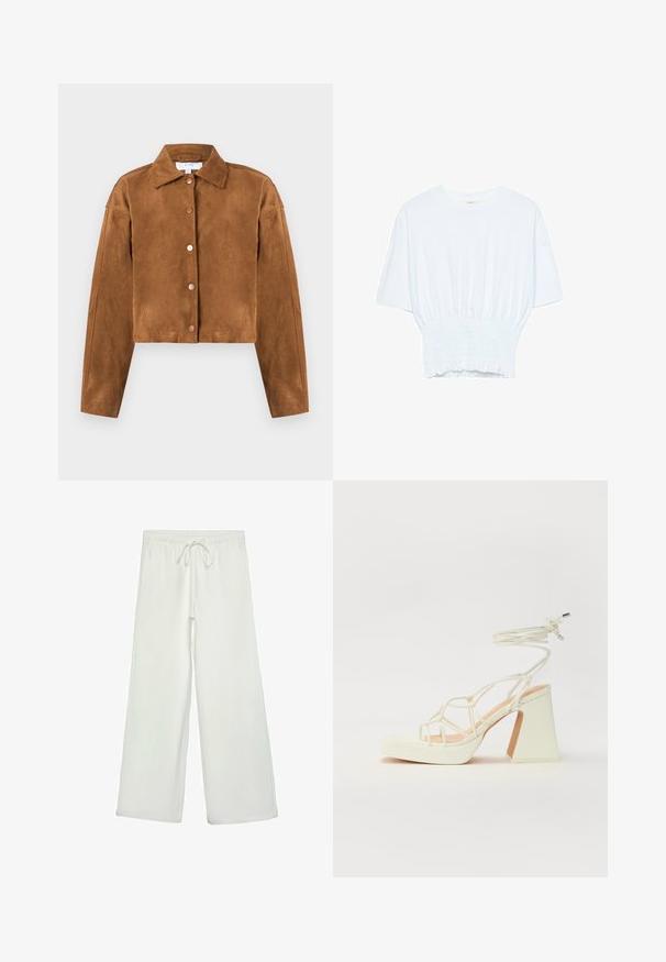 Smeđi zamakani kratki sako s ovratnikom, dugim rukavima i pet kružnih tipki na prednjoj strani. Glatka tekstura, minimalistički dizajn.; Bijela majica kratkih rukava s opuštenim krojem i nabrano teksturom na struku. Izrađena od mekog, laganog materijala.; Bijele hlače širokog kroja od mekog materijala. Imaju elastični pojas s vezicom i glatku teksturu. Nema vidljivih uzoraka ili metalnih dijelova.; Bijela sandala na visokoj potpetici s debelim petom, s remenom i vezanjem oko gležnja. Glatka tekstura s platformom sprijeda za dodatnu visinu.