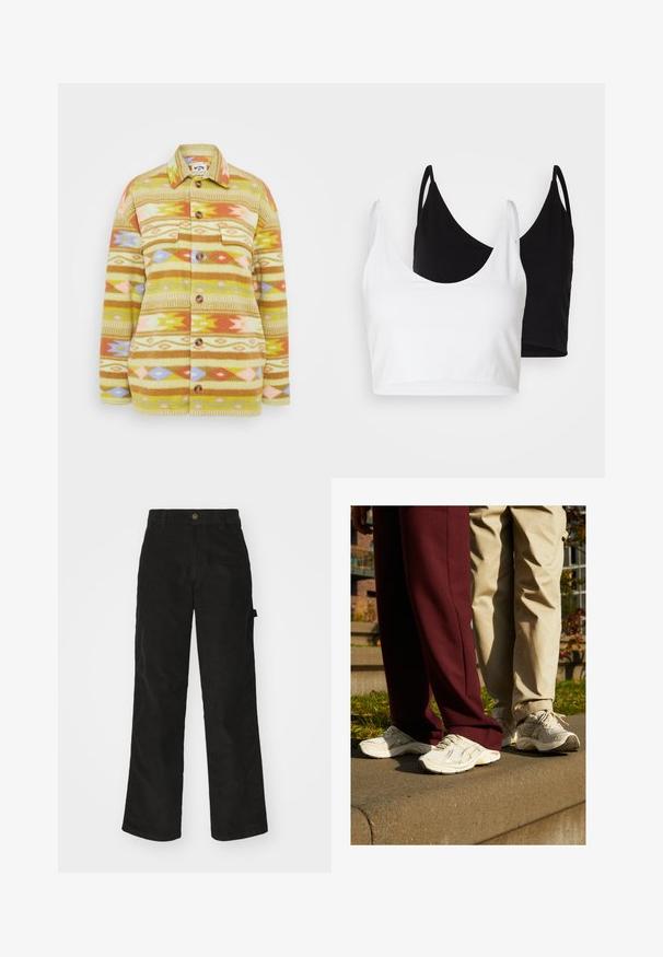 Keltainen ja ruskea fleece-takki, jossa on geometrisia kuvioita vaaleanpunaisessa, oranssissa ja sinisessä. Sisältää napit ja kaksi rintataskua.; Kaksi puuvillapaitaa valkoisena ja mustana. Kummassakin on syvä kaula-aukko ja ohuet olkaimet, ja ne ovat sileitä sekä pehmeitä.; Mustat korotushousut, joissa on suora malli, napin kiinnitys ja sivutasku. Silkkinen pinta hienoilla pystysuorilla raidoilla.; ASICS SportStyle GT-2160 UNISEX - Matalavartiset tennarit - oatmeal/simply taupe