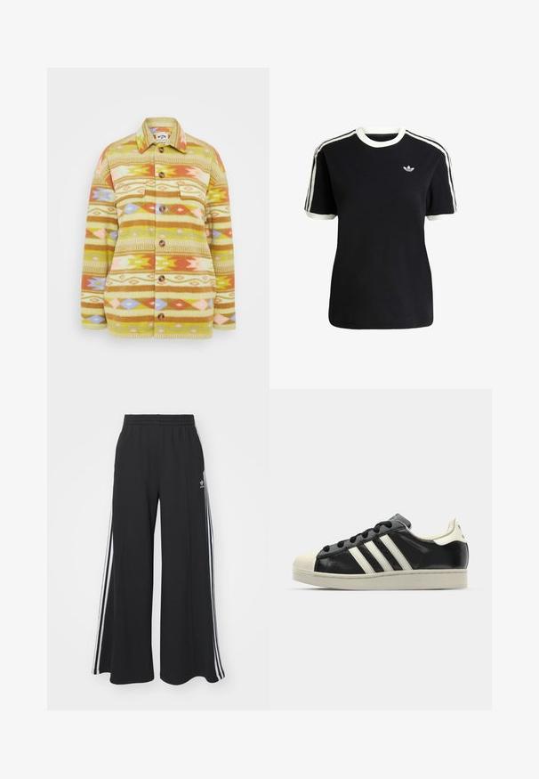 Chaqueta de camisa de forro polar amarilla y marrón con patrones geométricos en rosa, naranja y azul. Presenta botones y dos bolsillos en el pecho.; Camiseta de algodón negra con acentos en blanco en el cuello y las mangas, que presenta tres rayas blancas en cada hombro y un pequeño logo en el pecho.; Pantalones de chándal negros de pierna ancha con una cinturilla elástica, que presentan franjas blancas a los lados y un logo bordado en el muslo izquierdo.; Zapatilla de cuero negro con rayas blancas, puntera de goma, cordones negros y suela color crema. Textura suave con acabado brillante.