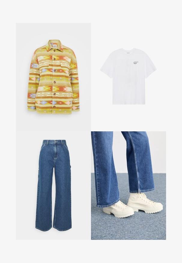 Veste chemise en polaire jaune et marron avec des motifs géométriques en rose, orange et bleu. Équipée de boutons et de deux poches poitrine.; Even&Odd T-shirt imprimé - white; Pantalons en denim bleu à jambes larges avec taille haute, couture contrastée et poches latérales, présentant un design classique à cinq poches et des ourlets bruts.; Baskets montantes blanches avec des semelles épaisses et nervurées et un détail de logo circulaire, portées avec un jean en denim bleu clair à jambe large.