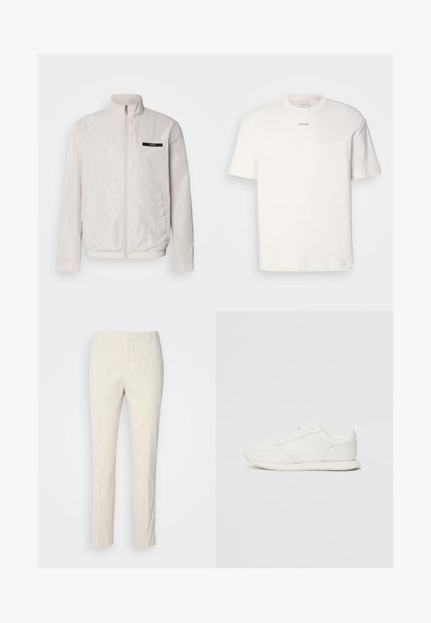 Calvin Klein ESSENTIAL BLOUSON - Vasaras jaka - silver lining; Balta kokvilnas T-kreklu ar apaļu kaklu, īsām piedurknēm un izšūtu "Calvin Klein" logotipu krūšu centrā. Vienkāršs dizains.; Kremai krāsas piegrieztas bikses ar teksturētu audumu. Ar taisnu kāju dizainu, jostas cilpām un divām priekšējām kabatām. Bez rakstiem.; Baltie sporta apavi ar mežģīņu un sintētisko augšdaļu, apaļu purngalu, plakanu mežģīņu un teksturētu sānu joslu. Gumijas zole ar cilpu aizmugurē.