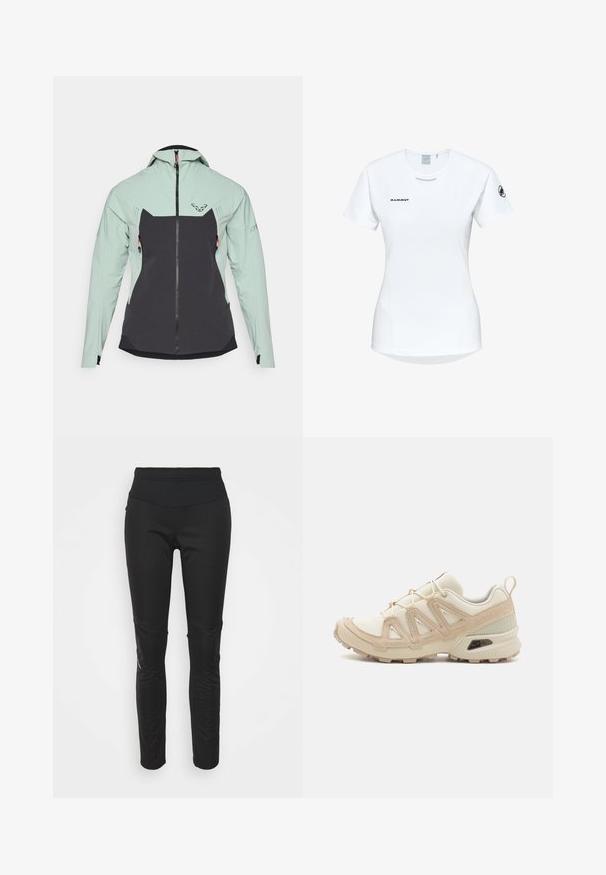 Leichte Jacke mit einem oberteil in Mintgrün und einem unteren Abschnitt in Dunkelgrau. Glatte Textur, Reißverschluss und zwei seitliche Taschen mit orangefarbenen Akzenten.; Kurzärmliges weißes Sportshirt mit Rundhalsausschnitt, das ein Logo auf der Brust und eine glatte, leichte Stofftextur aufweist.; Schwarze Sportleggings mit hohem Bund, glatter Textur, Logodetail und seitlichen Paneelen für zusätzlichen visuellen Reiz.; Beige und cremefarbenen Sportschuh mit strukturiertem Mesh-Obermaterial, unterstützenden Überzügen und Gummisohle mit einem Profilmuster für Bodenhaftung.