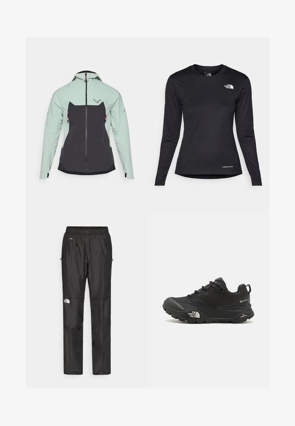 Veste légère présentant une partie supérieure vert menthe et une partie inférieure gris foncé. Texture lisse, fermeture éclair et deux poches latérales avec des accents orange.; The North Face SHADOW LONG SLEEVE - T-shirt à manches longues - black; Pantalons noirs imperméables en tissu léger, dotés d'une taille élastique, de poches latérales et d'un logo sur la jambe gauche.; Chaussure de randonnée noire avec une tige texturée, fermeture à lacets, et une semelle en caoutchouc épaisse présentant un logo prominent sur le côté et des motifs de semelle.