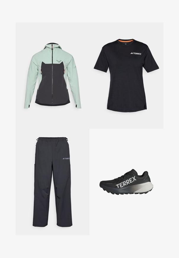 Let jakke med en mintgrøn overdel og en mørkegrå underdel. Glat tekstur, lynlåslukning og to sidelommer med orange detaljer.; Sort kortærmet T-shirt med rund halsudskæring, der har en subtil meleret tekstur og hvid "TERREX"-logo på den øverste venstre side.; Sorte, lette udendørsbukser med elastisk talje, sidelommer og et logo på øverste højre lår. Glat, vandafvisende stof.; Sort løbesko med en tekstureret overdel, fremtrædende "TERREX" logo i hvid, skræddersyet således design, og en gradient grå accent på hælen.