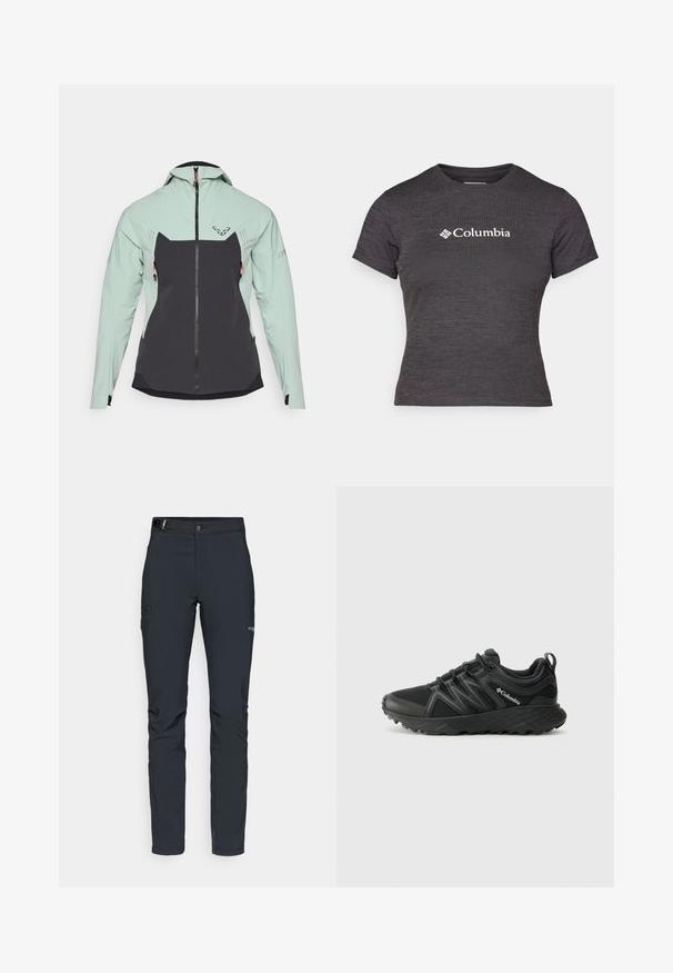 Lightweight jacket featuring a mint green upper with a dark gray lower section. Smooth texture, zip closure, and two side pockets with orange accents.; Dark gray short-sleeve t-shirt made of textured fabric with a round neck, featuring a white Columbia logo across the chest.; Men's outdoor pants, dark gray, made from flexible material, featuring a belt, zippered pockets, and reinforced stitching.; Columbia PEAKFREAK - Hiking shoes - black