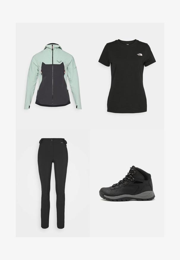 Veste légère présentant une partie supérieure vert menthe et une partie inférieure gris foncé. Texture lisse, fermeture éclair et deux poches latérales avec des accents orange.; T-shirt en coton noir avec un col rond et des manches courtes. Logo blanc notable sur le côté supérieur gauche. Texture lisse, coupe décontractée.; Pantalons noirs ajustés en matériau flexible. Les caractéristiques comprennent une poche latérale zippée, des genoux articulés et une texture lisse.; Botte de randonnée noire au design mi-haut, avec un dessus texturé, des accents gris et une semelle en caoutchouc durable avec des crampons de traction.