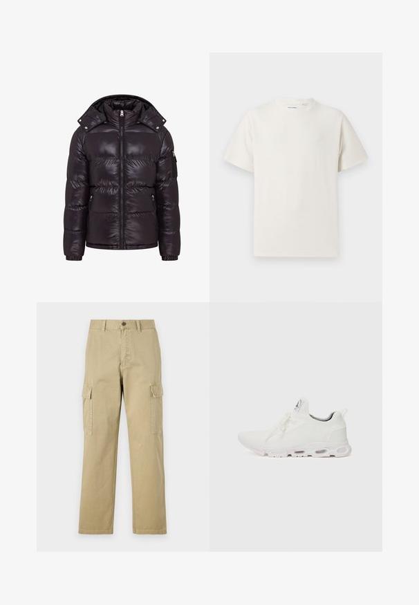 Crna puffer jakna s sjajnim završetkom, zatvaračem sprijeda, visokim ovratnikom i zatvorenim bočnim džepovima. Ima odvojivu kapuljaču i rebraste manžete.; Bijela kratka majica s kratkim rukavima u rebrastoj teksturi. Okrugli izrez, ležeran kroj, bez vidljivih uzoraka ili akcenta. Jednostavan i svestran dizajn.; Bež cargo hlače izrađene od pamuka, s dva bočna džepa, zatvaranjem na gumb i ravnim nogavicama od blago teksturirane tkanine.; Bijele atletske tenisice s gornjim dijelom od teksturiranog pletenog materijala, ravnim vezicama i jastučićem u potplatu s vidljivim zračnim komorama radi dodatne potpore.