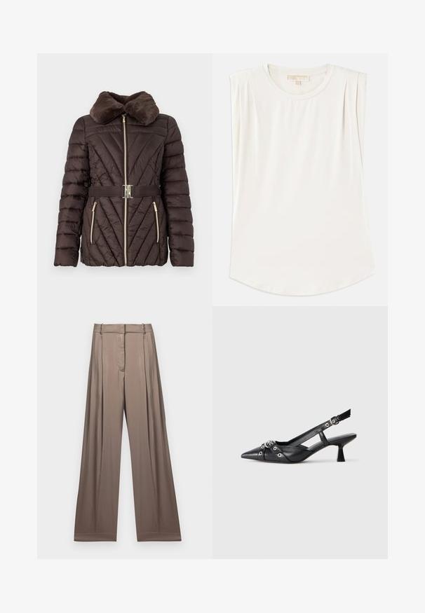 Bruine pufferjack met een nepbontkraag, diagonale gestikte patroon, gouden rits en bijpassende taille riem met een zilveren gesp.; Witte mouwloze top van gladde stof, met een ronde hals en subtiele plooien op de schouders, en een gebogen zoom.; Wijduitlopende broeken in een gedempt taupe kleur, gemaakt van een gladde stof met een satijnen afwerking. Heeft een op maat gemaakte tailleband en subtiele plooien.; Zwarte leren slingback schoen met een puntige neus, decoratieve banden met metalen oogjes en een lage blokhak. Textuur oppervlak.