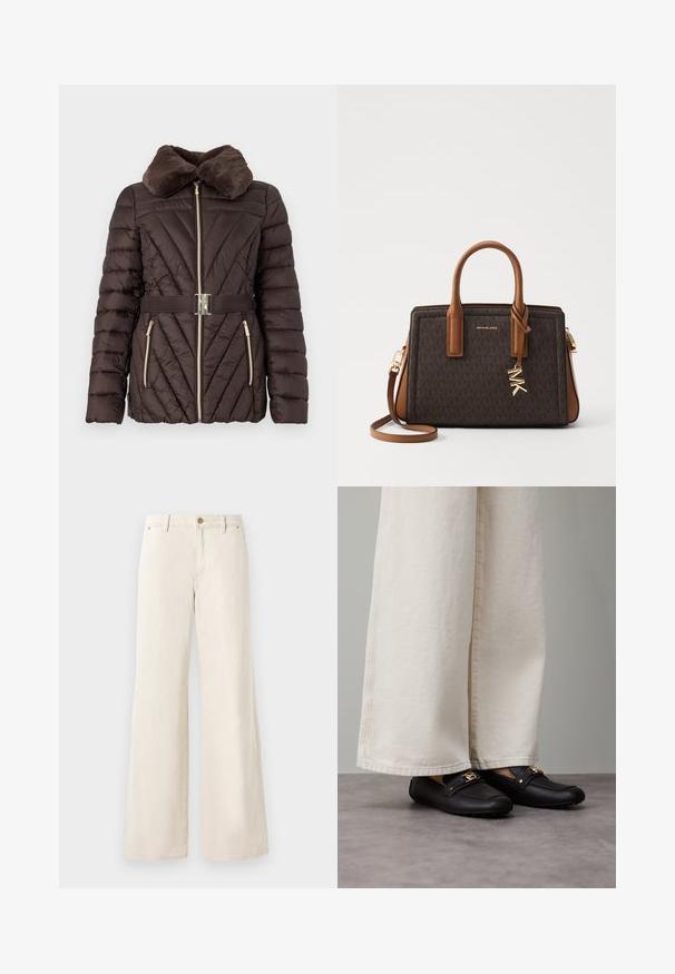 Ruskea puffatakki, jossa on tekoturkistakki, vinoruutuinen kuvio, kultainen vetoketju ja samasta kankaasta valmistettu vyö, jossa on hopeanvärinen solki.; Valkoinen hihaton paita, joka on valmistettu sileästä kankaasta, pyöreällä kaula-aukolla ja hienovaraisilla pussituksilla hartioissa, kaarevalla helman ihanalla muotoilulla.; Vaaleanbeige leveälahkeiset housut, jotka on valmistettu puuvillasta ja joissa on sileä rakenne. Housuissa on napin sulkeminen, etutaskut ja klassinen vyötärönauhan muotoilu.; Mustat nahkakengät, joissa on kultaiset metallikoristeet, yhdistetty leveisiin, kermaan värjättyihin housuihin. Kenkien pinta on sileä ja muoto pyöreä.; MICHAEL Michael Kors LAILA SATCHEL - Käsilaukku - brown