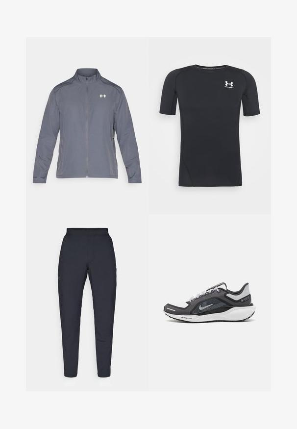 Grey zip-up jacket made from lightweight material, featuring a stand collar and logo on the upper left chest. Smooth texture, sporty design.; Black short-sleeve athletic shirt made of moisture-wicking, stretchy fabric. Features a round neckline and a small white logo on the chest.; Black athletic pants with a smooth texture, slim fit, elastic waistband, and side pockets. Features a small logo on the left thigh.; Black and gray athletic shoe with a mesh upper, reflective accents, and a white midsole. Features textured rubber outsole and laces.