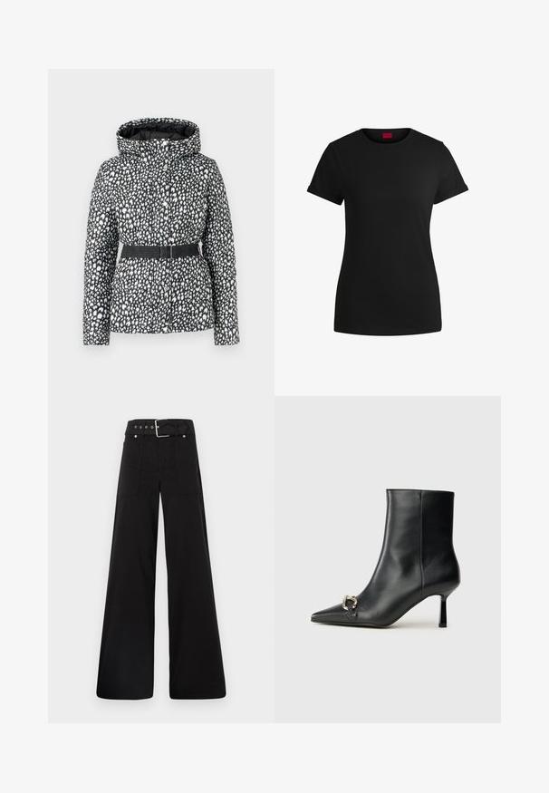Prošívaná bunda s černobílým tečkovaným vzorem, s kapucí, páskem v pase a zapínáním na patentky. Hladká textura.; Černé bavlněné tričko s krátkými rukávy s rolled úpravou, kulatým výstřihem a červenou etiketa. Hladká textura, přiléhavý střih s minimálními detaily.; Černé široké kalhoty vyrobené z bavlny, s vysokým pasem, velkými bočními kapsami a opaskem s kovovými akcenty v barvě stříbra.; Černá kožená kotníková bota s špičatou špičkou, úzkým středně vysokým podpatkem a stříbrnou sponou na straně, na jednobarevném pozadí.