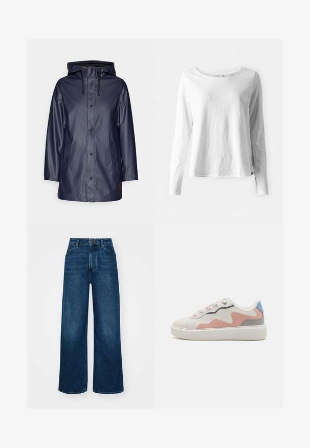 Marinblå vattentålig kappa med huva, med tryckknappar framtill, två sidofickor och svarta dragsko. Slät, blank yta.; Vit långärmad T-shirt i mjukt, lätt tyg; har en rund halsringning och en något avslappnad passform; etikett synlig på sidan.; Hög midja, vida jeans i mörkblå denim med en smidig textur, kontrasterande sömmar och femficksdesign. Frontknäppning.; Låga sneakers med ett vitt syntetiskt ovandel, rosa och grå mockadetaljer, strukturerad vit gummisula och färgglada snören.