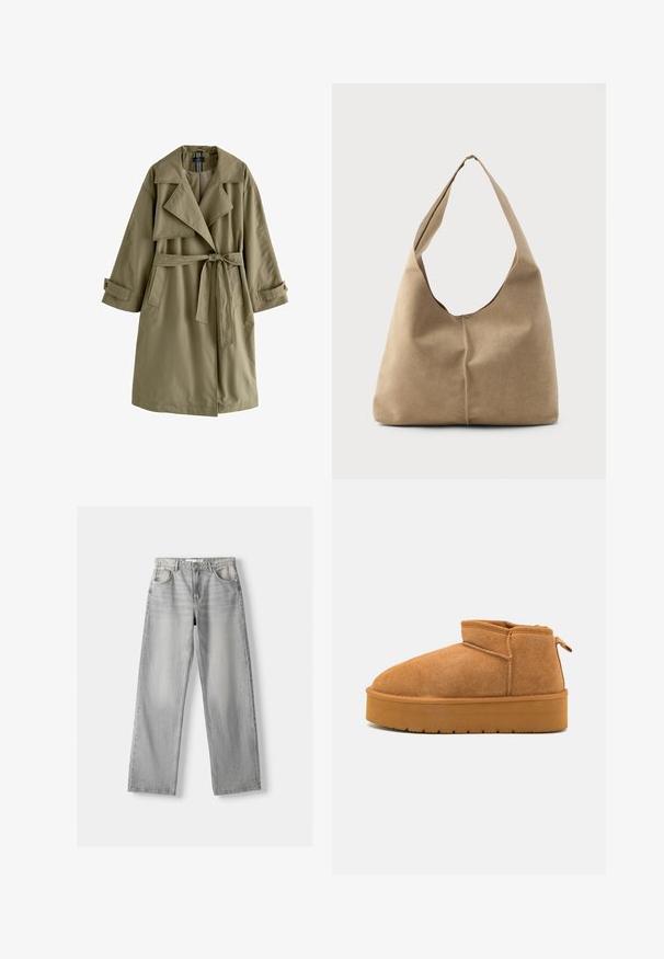 Manteau trench vert olive avec un design à double boutonnage, un large col, des manches longues, une ceinture à nouer à la taille et deux poches latérales.; Blouse blanche à manches courtes avec des rayures verticales et en chevrons, dotée d'une fermeture éclair sur le devant, d'un col pointu et de deux poches avant.; Jean en denim gris clair avec une coupe droite, dotée de deux poches avant, d'un bouton de fermeture et d'un léger délavage pour la texture.; Bottines en nubuck marron avec un bout arrondi, une conception basse et une semelle en caoutchouc texturée comportant une légère plateforme et une languette.; Sac hobo en suède beige doux avec une forme décontractée, une large bandoulière et un détail de couture à la main sur le devant.
