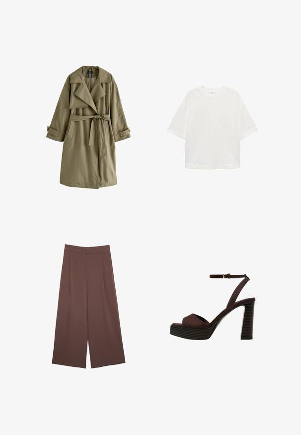 Olivovo zelený trenčkot s dvojitým zapínaním, širokým golierom, dlhými rukávmi, viazaným opaskom v páse a dvoma bočnými vreckami.; Biela krátkorpávová tričko s okrúhlym výstrihom, vo voľnom strihu, vyrobené z mäkkého materiálu. Bez vzorov a akcentov, so štandardným lemom.; Hnedé nohavice so širokými nohavicami a hladkou textúrou, s vysokým pásom a prednými skladmi. Tkanina je ľahká a voľne sa pohybuje.; Hnedé semišové sandále na vysokom podpätku s otvorenou špičkou, nastaviteľným členkovým remienkom a pruhovanou platformovou podrážkou.
