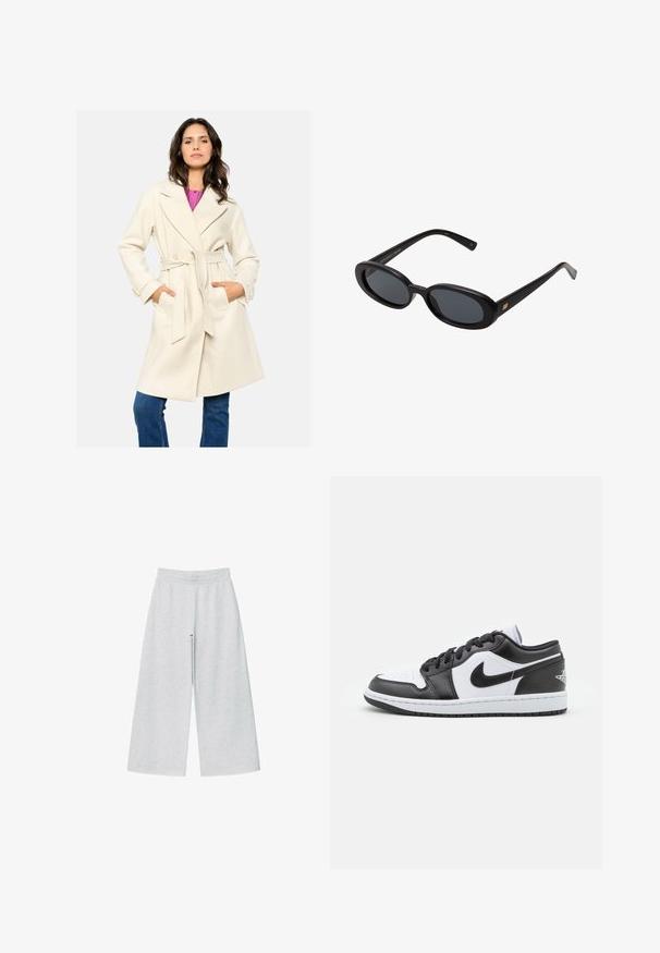 Krémový kabát s opaskom a golierom, dvoma prednými vreckami a textúrovanou tkaninou. Nosený cez ružový top a skombinovaný s modrými džínsy.; Biele bavlnené tielko s ryhovanou textúrou, bezrukávovým dizajnom a okrúhlym výstrihom. Obsahuje štítok na krku so slovami "WEEKDAY."; Svetlo šedé nohavice s širokými nohavicami vyrobené z mäkkej látky s elastickým pásom. Dizajn má voľný strih pre pohodlie a ľahký pohyb.; Čierno-biele nízke tenisky Nike majú hladký kožený zvršok, okrúlu špičku, šnurovacie zapínanie a vzorovanú gumovú podrážku.; Čierne oversized slnečné okuliare s oválnymi šošovkami, hladkým plastovým rámom a zlatými akcentmi na straniciach. Tmavé šošovky poskytujú ochranu pred slnkom.; Šedý vlnený šál s jemnou textúrou, obdĺžnikovým tvarom a strapcovými koncami, vhodný na zahriatie a vrstvenie v chladnejšom počasí.; Hnedá tmavá semišová kabelka cez rameno s nastaviteľným popruhom, kovovými časťami v zlatom tóne a veľkým predným prekrytím na zapínanie.
