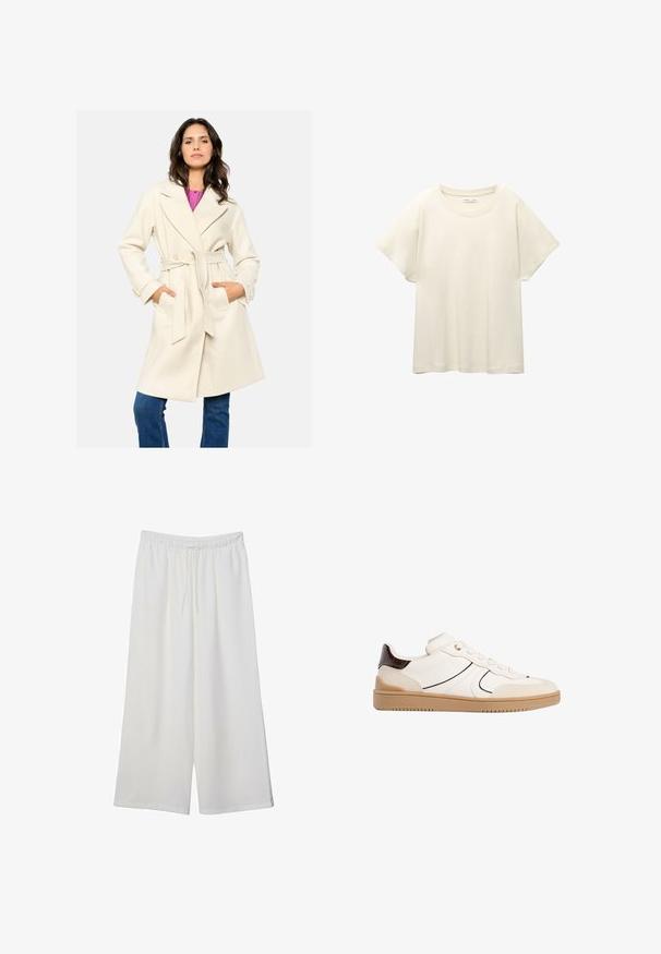 Krémový kabát s opaskom a golierom, dvoma prednými vreckami a textúrovanou tkaninou. Nosený cez ružový top a skombinovaný s modrými džínsy.; Svetlo béžové tričko s krátkym rukávom a okrúhlym výstrihom, vyrobené z jemnej, hladkej tkaniny. Má voľný strih a rovný lem.; Biele široké nohavice z ľahkého materiálu s elastickým pásom a šnúrkou na nastavenie veľkosti. Hladká textúra.; Stradivarius Tenisky - white