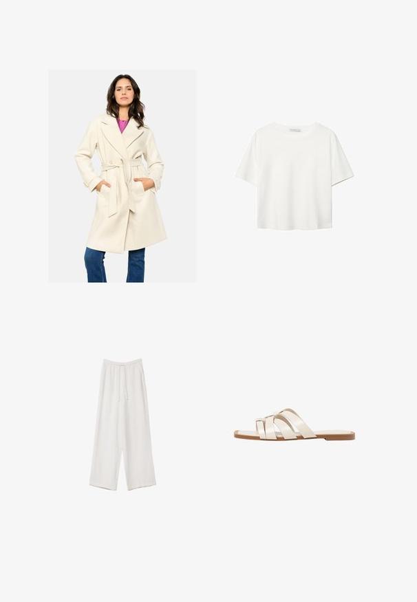 Krémový kabát s opaskom a golierom, dvoma prednými vreckami a textúrovanou tkaninou. Nosený cez ružový top a skombinovaný s modrými džínsy.; Biela krátkopsová tričko vyrobené z bavlny. Má okrúhly výstrih a voľný strih. Hladká textúra bez viditeľných vzorov alebo akcentov.; Biele široké nohavice vyrobené z ľahkej tkaniny. Obsahujú elastický pás so sťahovacou šnúrkou a bočné vrecká. Hladká textúra.; Ploché sandále s hnedou gumovou podrážkou, navrhnuté s tromi prekrývajúcimi sa bielymi koženými popruhmi a malou mašličkou uprostred.