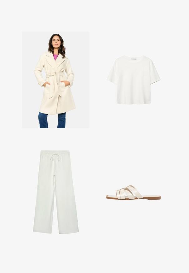 Krema barve plašč z pasom in ovratnikom, dvema sprednjima žepoma in teksturirano tkanino. Nošen preko roza majice in ujemajoč z modrimi kavbojkami.; Bela kratka majica s kratkimi rokavi iz bombaža. Ima okroglo izrezovanje in sproščen kroj. Gladka tekstura brez vidnih vzorcev ali poudarkov.; Bele široke hlače iz mehkega blaga. Imajo elastičen pas s vrvico in gladko teksturo. Brez vidnih vzorcev ali kovinskih delov.; Ravne sandale s svetlo rjavim gumijastim podplatom, zasnovane s tremi prekrivajočimi se belimi usnjenimi trakovi in majhnim lokom na sredini.