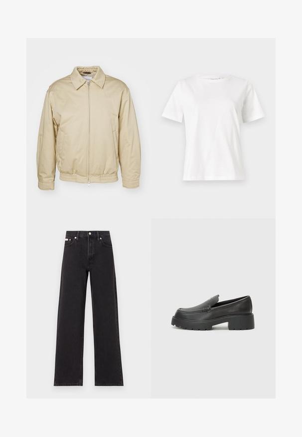 Bēša krāsa rāvējslēdzēja jaka ar apkakli, elastīgām piedurknēm un jostu. Ar sānu kabatām un smalku logo uz krūšu daļas. Gluda auduma tekstūra.; Baltas kokvilnas T-krekls ar īsām piedurknēm, apaļu kakla izgriezumu un brīvu piegriezumu. Gluda tekstūra, bez rakstiem vai akcentiem, minimālistisks dizains.; Melni platmalu džinsi, kas izgatavoti no denima, ar augstu vidukli, piecu kabatu dizainu un metāla pogas aizdari ar kontrastējošu šuvumu.; Melnas ādas mokasīni ar noapaļotu purngalu, biezs teksturēts zoles un minimālas dūriena detaļas. Gluds dizains bez redzamām auklām vai metāla elementiem.