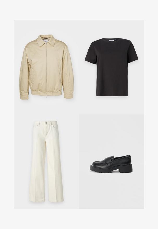 Beige zip-up jacket with a collar, elastic cuffs, and waistband. Features side pockets and a subtle logo on the chest. Smooth fabric texture.; Black cotton t-shirt with short sleeves, a crew neckline, and a simple, clean design. No visible patterns or embellishments.; Wide-leg white jeans made from cotton blend fabric. Features a zipper fly, five-pocket design, and stitching along the seams.; Black leather loafers with a textured finish, featuring a rectangular strap across the vamp and a chunky, lug sole design.