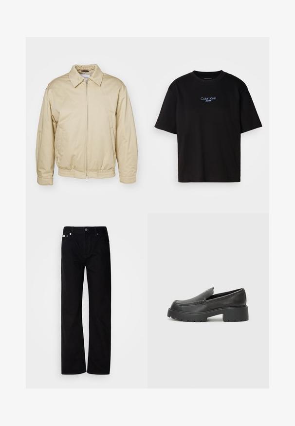 Beige zip-jakke med krage, elastiske mansjetter og midje. Har sidelommer og en subtil logo på brystet. Glatt tekstur.; Sort bomull t-skjorte med rund hals, korte ermer, og blå brodert "Calvin Klein JEANS" logo på forsiden.; Svart denim rettfittede bukser med fem lommer, sølvnitter og knappestolpe. Stoffet har en glatt, lett teksturert overflate.; Sorte skinnloafers med rund tå, tykk teksturert såle og minimale sømdetaljer. Strømlinjeformet design uten synlige snørebånd eller hardvarer.