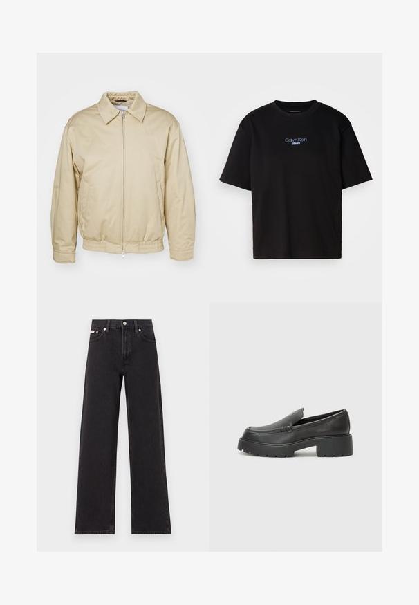 Béžová bunda na zips s golierom, elastickými manžetami a pásom. Obsahuje bočné vrecká a jemné logo na hrudi. Hladká textúra tkaniny.; Čierne bavlnené tričko s okrúhlym výstrihom, krátkymi rukávmi a modrým vyšívaným logom "Calvin Klein JEANS" na prednej strane.; Čierne široké džínsy vyrobené z denimu, s vysokým pásom, piatimi vreckami a kovovým zapínaním s kontrastným šitím.; Čierne kožené mokasíny s okrúhlou špičkou, hrubou textúrovanou podrážkou a minimom stehovej výzdoby. Štíhly dizajn bez viditeľných šnúr alebo kovania.