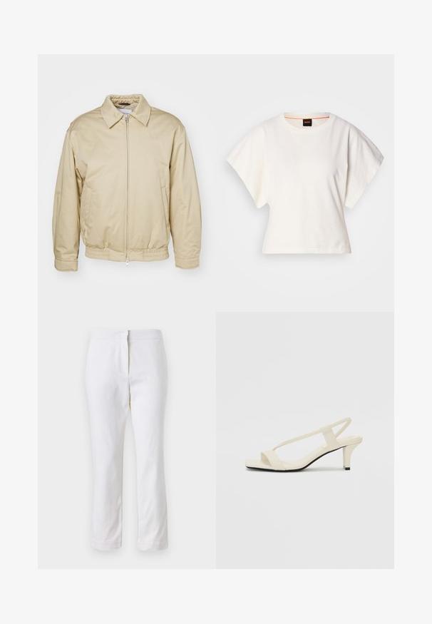 Beige zip-up jacket with a collar, elastic cuffs, and waistband. Features side pockets and a subtle logo on the chest. Smooth fabric texture.; White cropped T-shirt, short wide sleeves, soft cotton material, round neckline with subtle orange trim, minimal design, no patterns or graphics.; White cotton pants with a straight leg design, featuring a mid-rise waist and no visible hardware or patterns. Smooth texture throughout.; Beige block-heeled sandals with thin straps and a square toe. Smooth material with minimal detailing, designed for easy wear.