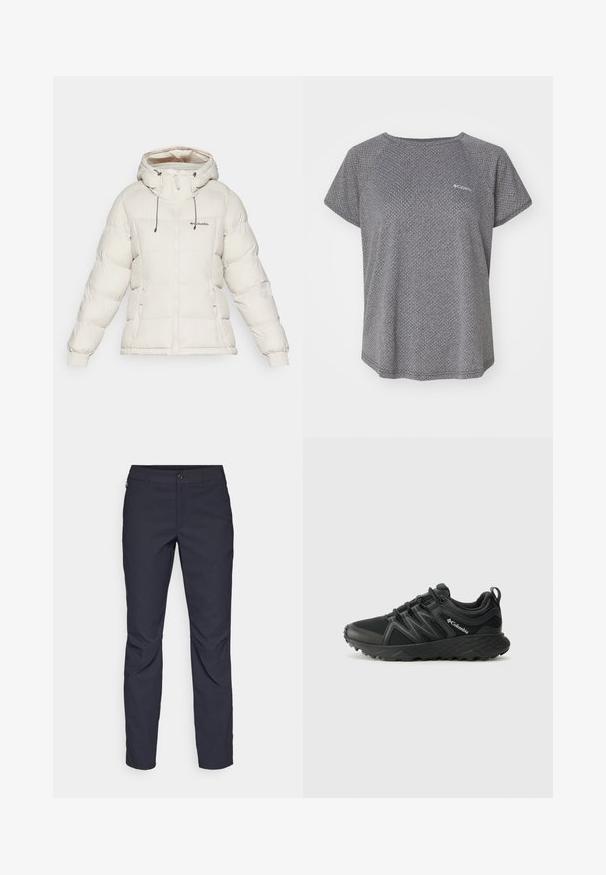 Columbia PIKE LAKE™ II INSULATED JACKET - Talvejope - dark stone; Hallja lühikeste varrukatega hall särk, millel on peen tekstuurne muster, ümmargune kaelus ja Columbia logo rinnal. Pehme kangas, lõdvestunud istuvus.; Tumedat sinised püksid sujuva kangaga, millel on esiääre nuppude sulgemine, kitsas lõige ja volditud detailid põlvede piirkonnas.; Columbia PEAKFREAK - Matkajalatsid - black