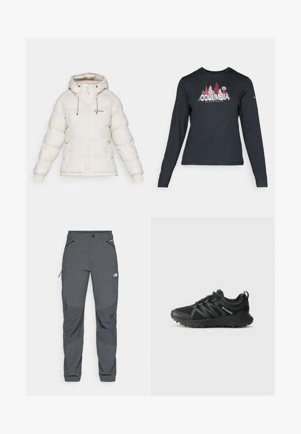 Columbia PIKE LAKE™ II INSULATED JACKET - Casaco de inverno - dark stone; Camisa de mangas longas cinza escuro com um gráfico de árvores vermelhas e montanhas; logótipo "COLUMBIA" em texto branco em negrito. Tecido suave, cuello redondo padrão.; Calças de exterior cinza escuras com remendos reforçados nos joelhos, bolsos laterais e frontais com fecho éclair, fecho de botão e o logotipo The North Face na coxa.; Columbia PEAKFREAK - Sapatos de caminhada - black