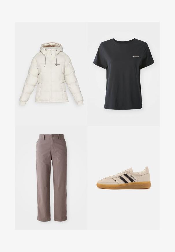 Columbia PIKE LAKE™ II INSULATED JACKET - Winter jacket - dark stone; Black cotton t-shirt with short sleeves, round neckline, and small white Columbia Sportswear logo on the left chest area.; Brown cotton twill pants with a straight-leg cut, featuring a front button closure and side pockets, smooth texture, and clean lines.; Beige suede sneaker with black stripes and "Spezial" text, features a textured gum rubber sole and classic lace-up design.