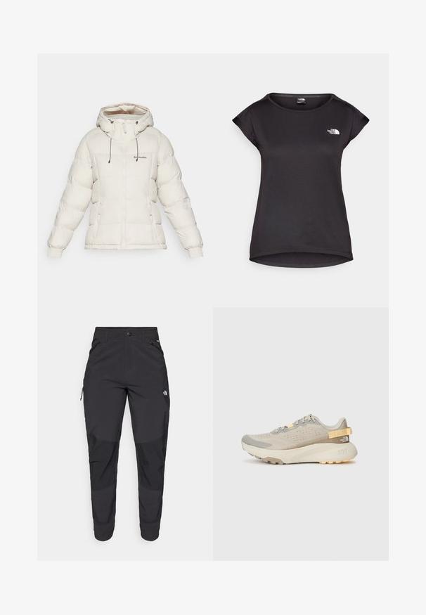 Columbia PIKE LAKE™ II INSULATED JACKET - Téli dzseki - dark stone; The North Face TANKEN TANK - Sportfelső - black; Fekete kültéri nadrág tartós anyagból. Cipzáros zsebekkel, megerősített térdpanellel és egyenes szabással a mozgékonyságért.; Világos bézs futócipő, textúrált hálós felső résszel, szürke részletekkel, tartós gumitalppal és hátsó húzófüllel a könnyű felvételért.