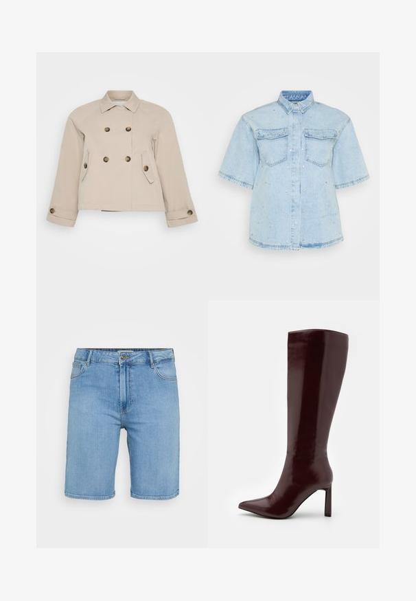 Beige dubbelknäppt jacka med krage, två framfickor och mässingsknappar. Har en kortad längd och texturerad tyg.; Ljusblå denimskjorta med korta ärmar, med två framfickor och dekorerad med små silvernitar över hela plagget.; Ljusblå denimshorts med klassisk skärning, med en framknäppning, bälteshällor och två sidofickor. Slät textur och rak fåll.; Even&Odd Stövel - dark red