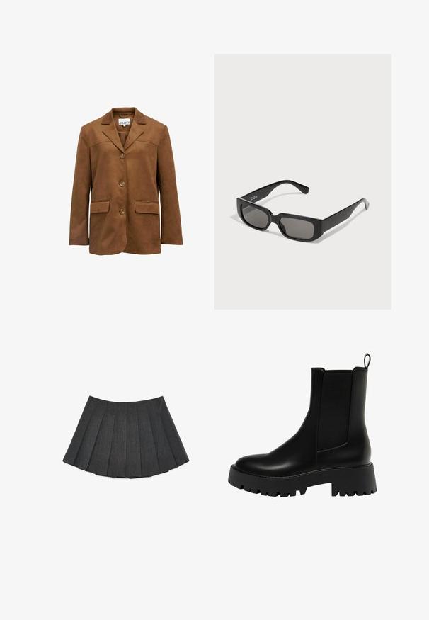 Bruine suède blazer met een notch-kraag, drie knopen en twee voorzakken. Heeft een zachte textuur en een gestructureerde silhoetje.; Gebreide trui in donkergrijs met een oversized pasvorm, voorzien van een geometrisch crèmekleurig patroon van cirkels en rechthoeken. Hoog halsontwerp.; Plissérok in donkergrijs, gemaakt van een gemêleerde stof. Heeft een uitlopende silhoutte met gelijkmatig verdeelde plooien en een platte tailleband.; Zwarte leren enkelboot met een getextureerd zijpaneel, ronde neus en stevige platformzool met een zigzagprofiel.; Zwarte rechthoekige zonnebril met grijs-getinte lenzen, gemaakt van glad plastic. Kenmerkt zich door een minimalistisch ontwerp met rechte pootjes en subtiele branding.; Zwarte leren hobo tas met een slouchy ontwerp, brede schouderband en een gladde textuur. Heeft een enkele ritssluiting aan de zijkant.