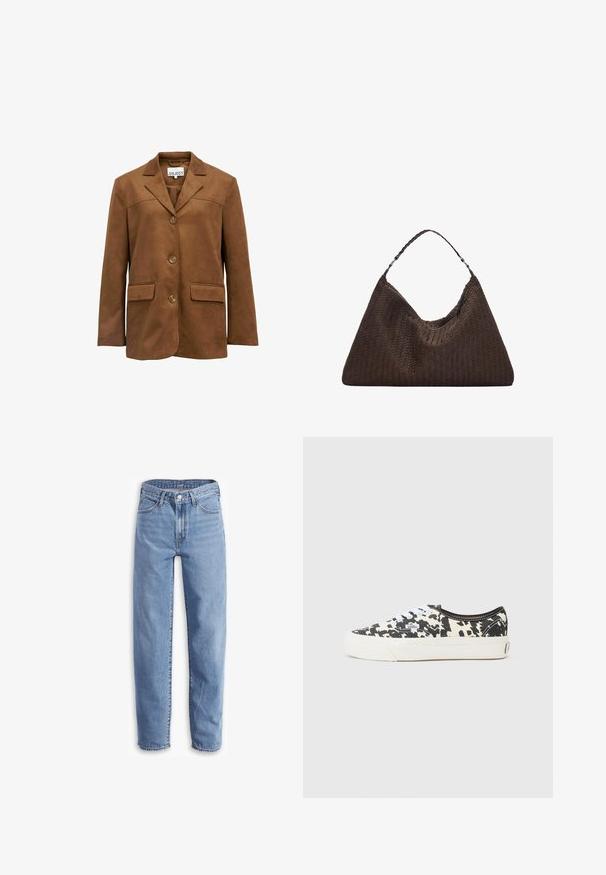 Brown suede blazer with a notched collar, three buttons, and two front pockets. Features a smooth texture and structured silhouette.; Cream knitted sweater featuring a cable knit design and the word "REBEL" in black across the front. Cropped length with ribbed cuffs.; Light blue jeans made of denim, with a relaxed fit, straight leg, five-pocket design, and frayed hems for a casual look.; Black and white canvas sneaker with a cow print design, white laces, and a white rubber sole. Features a logo tag on the side.; Brown woven leather handbag with a slouchy, triangular shape. Features a braided handle and a zipper closure along the top.