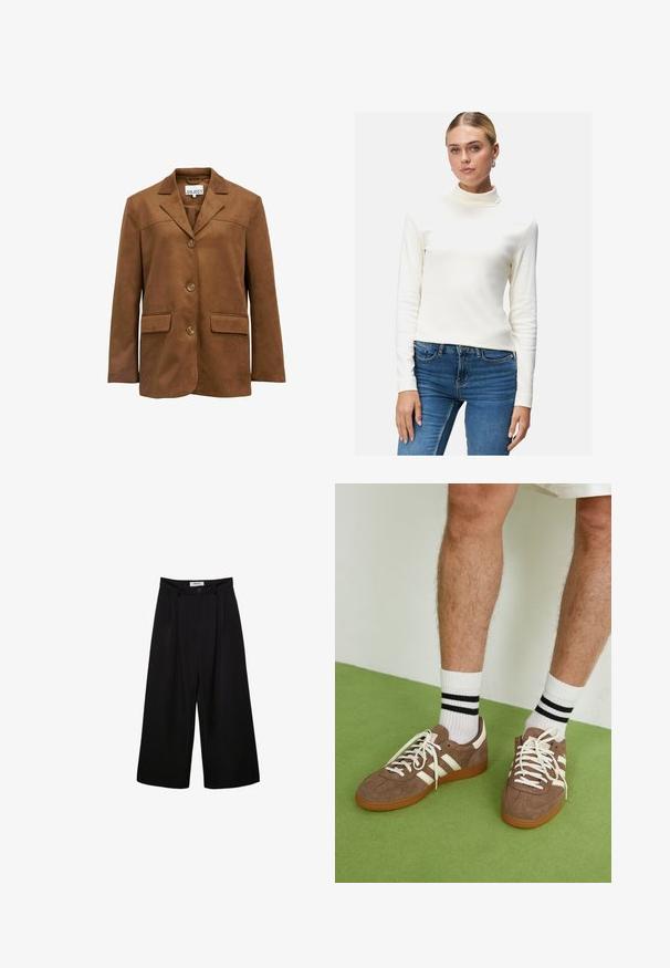 Brown suede blazer with a notched collar, three buttons, and two front pockets. Features a smooth texture and structured silhouette.; Cream turtleneck long-sleeve top made of soft material, fitted design, smooth texture, worn with dark blue jeans.; Black wide-leg trousers with a high waist, pleated front, and button closure. Made from smooth fabric with a tailored design.; Brown suede sneakers with white accents and laces. Rubber gum sole. Worn with white socks featuring black stripes. Green textured flooring.