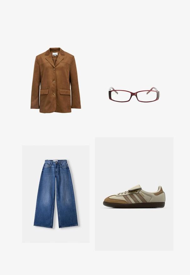 Ruskea mokkablazeri, jossa on kauluksessa lovet, kolme nappia ja kaksi etutaskua. Siinä on sileä pinta ja jämäkkä siluetti.; Stradivarius Toppi - light yellow; Bershka WIDE-LEG - Leveälahkeiset - dark blue; Ruskohvittua ja kermajuovapintaista urheilukenkää, jossa on kolme vaaleanbeigeä raitaa, päällysteet nahkaa ja mokkaa, nauhakiristys ja kumipohja. Tekstilogo sivulla.; Punaiset suorakulmaiset silmälasit, joissa on tyylikäs muotoilu. Kirkkaat linssit, hieman läpikuultavat templet ja punaisesta harmaaseen ulottuva väriharjoitus.