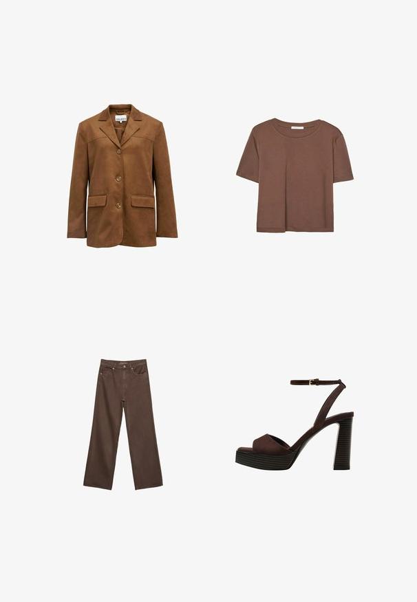 Brązowa zamszowa marynarka z klapami, trzema guzikami i dwiema przednimi kieszeniami. Charakteryzuje się gładką teksturą i wyraźnie zarysowanym krojem.; Brązowa koszulka z krótkim rękawem, wykonana z miękkiego materiału, z okrągłym dekoltem i luźnym krojem. Brak widocznych wzorów lub akcentów.; Szerokie brązowe dżinsy wykonane z denimu, z wysokim stanem, przednimi kieszeniami i klasycznym zapięciem na guzik. Gładka faktura z subtelnym przeszyciem.; Brązowe zamszowe sandały na wysokim obcasie z odkrytymi palcami, regulowanym paskiem na kostce i paskowatą podeszwą.