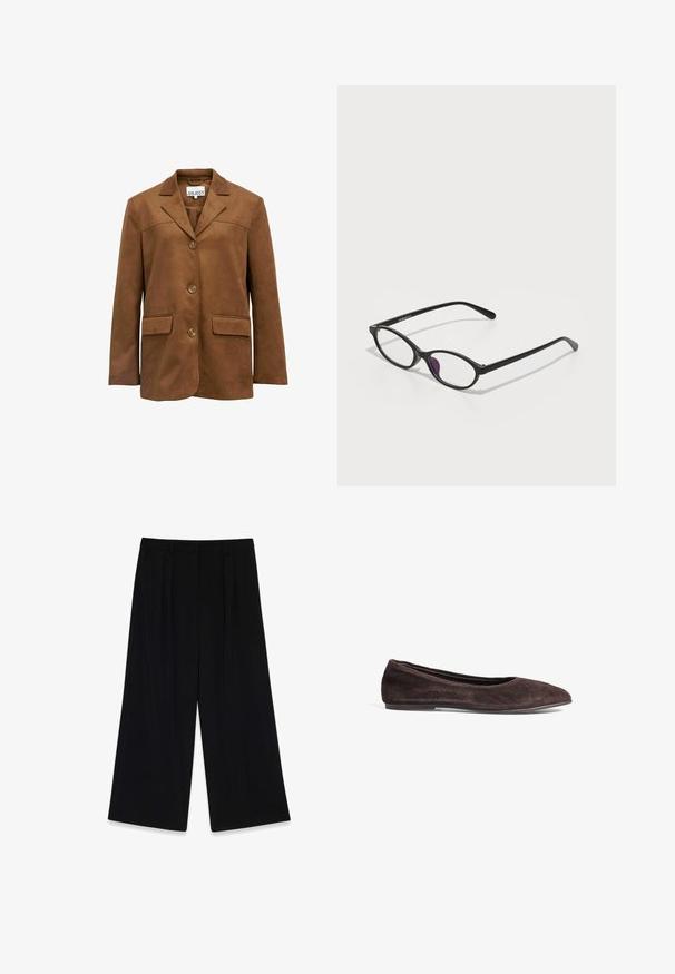Blazer en daim marron avec un col cranté, trois boutons et deux poches avant. Présente une texture lisse et une silhouette structurée.; T-shirt blanc à manches courtes en coton. Doté d'un col ras du cou et d'une coupe décontractée. Texture lisse sans motifs ni accents visibles.; Pantalons larges noirs en tissu lisse, avec des plis à l'avant, une taille mi-haute et sans fermetures ni embellissements visibles.; Ballerines en suède marron avec un bout pointu et un profil bas. Présentent une texture lisse et un design minimaliste. Pas de matériel ou accents visibles.; Lunettes en plastique noir avec une forme ovale, dotées de verres transparents et d'un accent violet sur le verre gauche. Design élégant et minimal.; Sac fourre-tout en suède gris foncé avec deux poignées arrondies, forme structurée et design minimaliste ; aucune quincaillerie ou accent visible.