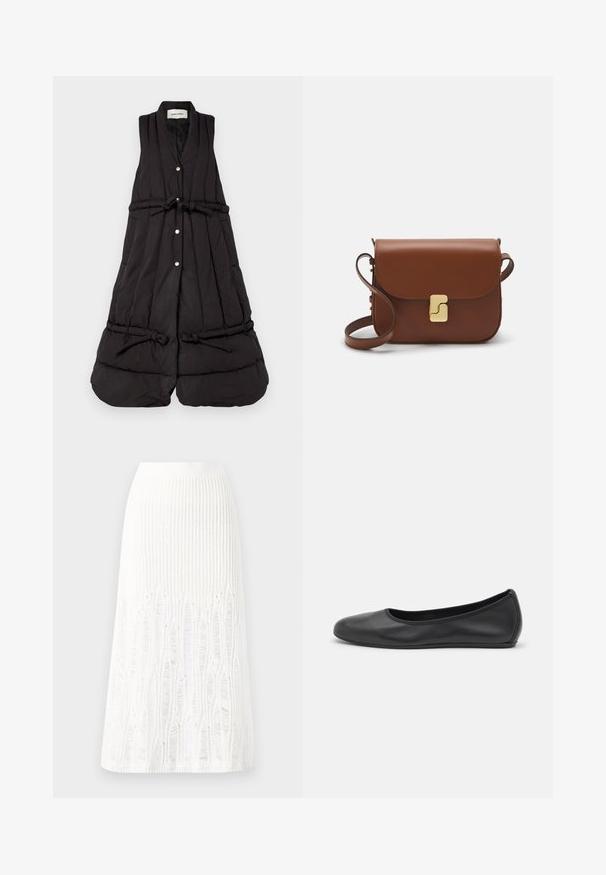 Henrik Vibskov PUFF VEST - Veste - black; Balta īsām piedurknēm T-krekls, izgatavots no ribota auduma. Apaļš izgriezums, regulāra piegriezuma un diskrēti šuvumu detaļas. Bez printiem vai grafikām.; Adīts balts midi svārki ar teksturētu rakstu, kas ietver vertikālas līnijas un izgriezumus pie apakšmalas. Elastīgs vidukļa jostasvads. Mīksts materiāls.; Melna ādas baleta kurpe ar noapaļotu purngalu, gludu tekstūru, minimālu šuvju detalizāciju un elastīgu zoles dizainu.; Bordo ādas rokas soma ar atloku, zeltītām detaļām, plecu siksnu un gludu virsmu. Kompakta, taisnstūrveida forma.