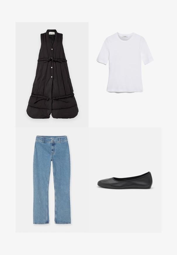 Henrik Vibskov PUFF VEST - Vesta - black; Biela krátka tričko s krátkymi rukávmi vyrobené z rebrovanej látky. Klasický okrúhly výstrih, bežný strih a jemné švy. Bez vzorov alebo grafiky.; Svetlo modré džínsy s rovnými nohavicami, zapínanie na gombík a zips, pútka na opasok a klasické stehy na bielom pozadí.; Čierne kožené baleríny s okrúhlou špičkou, hladkým povrchom, minimálnym prešívaním a flexibilným dizajnom podrážky.