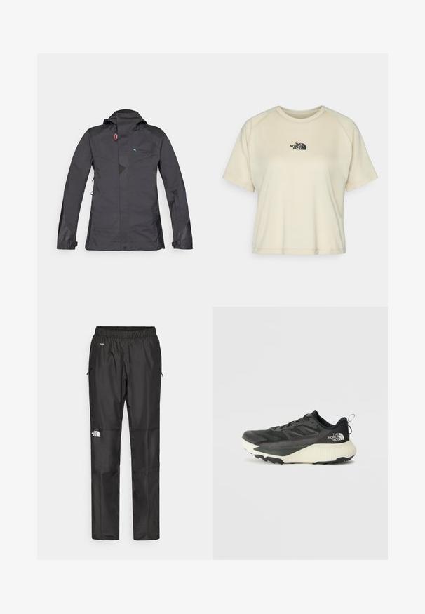 Juodas nepralaidus vandeniui paltas su kapišonu, turintis užtrauktuką priekyje, tinklinės detalės ir mėlynas logotipas. Apima reguliuojamus rankogalius ir subtilų geometrinį raštą.; Kreminės spalvos trumpomis rankovėmis marškinėliai su apvaliu kaklu ir raglaninėmis rankovėmis. Viršutinėje krūtinės dalyje yra juodas siuvinėtas logotipas.; Juodi nepralaidūs vandeniui kelnių, pagamintų iš lengvos medžiagos, su elastingu juosmeniu, šoninėmis kišenėmis ir logotipu kairiajame šone.; Juodas sportinis batas su tekstūruota viršutine dalimi, su pilkomis detalėmis ir baltu viduriu. Apima pakėlimo juostelę ir ryškų prekės ženklo logotipą ant kulno.
