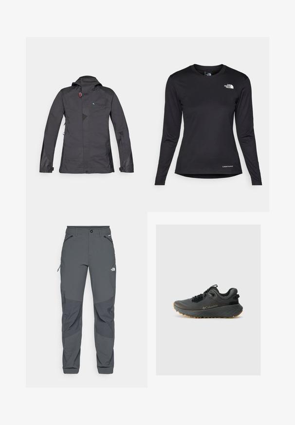 Crna vodootporna jakna s kapuljačom, s prednjim patentnim zatvaračem, mrežastim detaljima i plavim logotipom. Sadrži podesive rukave i suptilan geometrijski uzorak.; The North Face SHADOW LONG SLEEVE - Top dugih rukava - black; Tamno sivi vanjski hlače s ojačanim koljenima, patentnim zatvaračem na bočnim i prednjim džepovima, kopčom na dugme i logotipom The North Face na bedru.; Columbia TERRASTRIDE CRZ - Obuća za pješačenje - shark/black