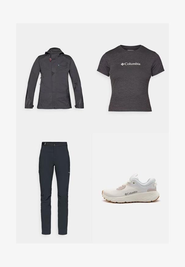 Fekete vízálló dzseki kapucnival, elöl cipzárral, hálós betétekkel és kék logóval. Állítható mandzsettákkal és visszafogott geometrikus mintával rendelkezik.; Sötétszürke, rövid ujjú póló, texturált anyagból, kerek nyakkal, fehér Columbia logóval a mellkason.; Férfi kültéri nadrág, sötétszürke, rugalmas anyagból készült, övvel, cipzáros zsebekkel és megerősített varratokkal.; Könnyű Columbia sportcipő fehér hálóból, texturált szürke talppal és gumis csúszásmentes betéttel. Jellemzője a párnázott gallér és a fűzős kialakítás.
