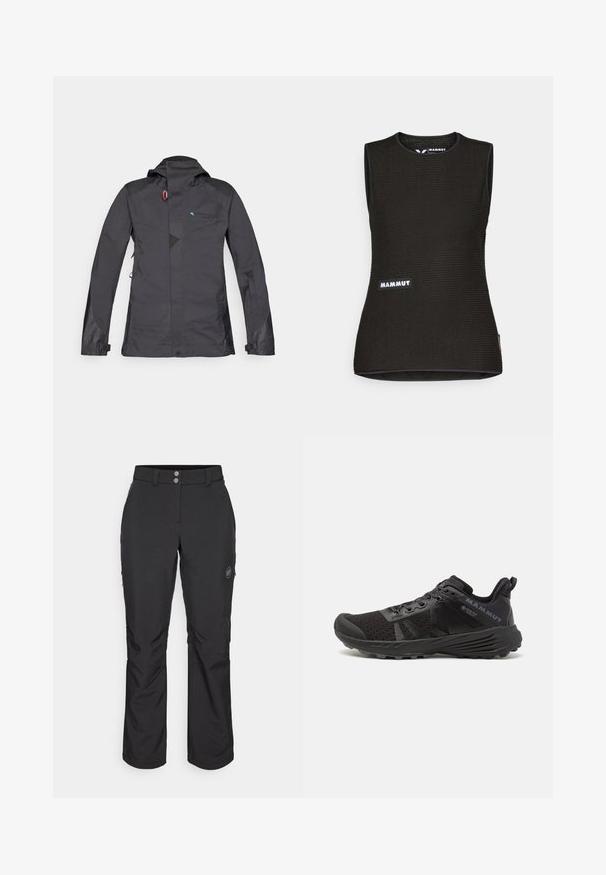 Melnā ūdensizturīgā jakā ar kapuci, ar rāvējslēdzēju priekšpusē, acs pieminekļiem un zilu logotipu. Iekļautas regulējamas aproces un smalks ģeometrisks dizains.; Melnā bez piedurknēm krekls ar teksturētu rakstu, ar apaļu kakla izgriezumu un "MAMMUT" logotipu priekšpusē. Izgatavots no elpojoša materiāla.; Melnas brīvā laika bikses ar taisnu piegriezumu, aprīkotas ar pogu aizdari, rāvējslēdzēja sānu kabatām un logotipa uzlīmi kreisajā augšstilbā.; Melnas skriešanas kurpes ar teksturētu sietu augšdaļu, pastiprinātu purngali un gumijas zoli. Iespējas pievienot lentes sistēma un logotipa detaļas sānos.