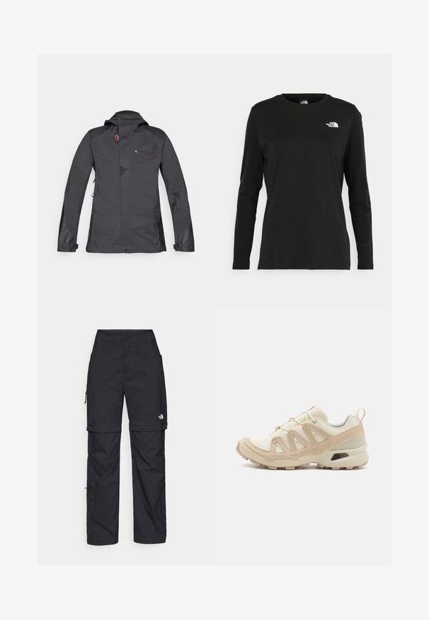 Crna vodootporna jakna s kapuljačom, s prednjim patentnim zatvaračem, mrežastim detaljima i plavim logotipom. Sadrži podesive rukave i suptilan geometrijski uzorak.; Crni dugih rukava majica od pamuka s okruglim izrezom. Ima mali bijeli logo na lijevoj strani prsnog područja. Jednostavan dizajn i kroj.; Crne najlon hlače s munjevim zatvaranjem, odvojive cargo hlače s podesivim manžetama, brojnim džepovima i logom na desnoj nozi. Glatka, lagana tekstura.; Bež i kremasti sportski tenisice s teksturiranim mrežastim gornjim dijelom, potpornih preklopa i gumeni potplat s uzorcima za prianjanje.