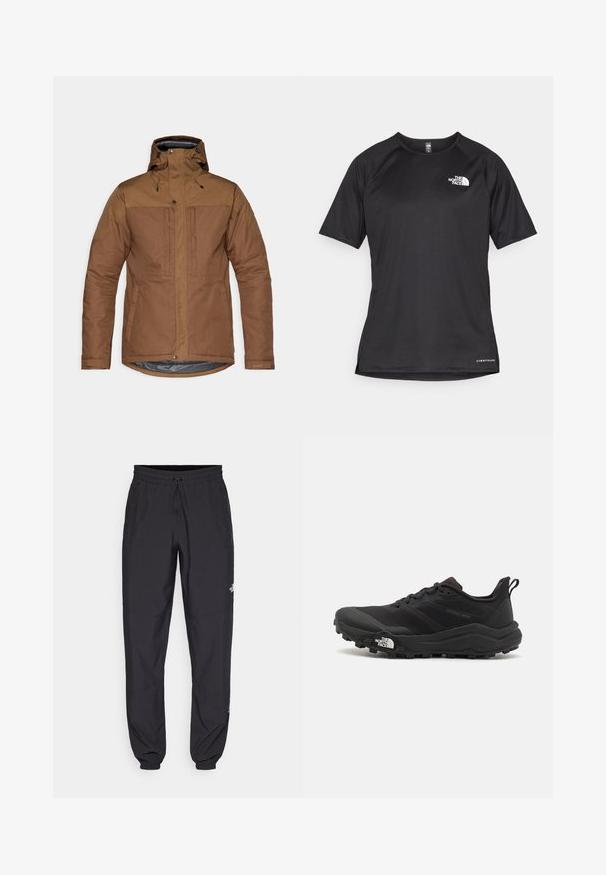 Casaco isolado castanho com capuz, fecho éclair frontal e fechos de pressão, dois bolsos no peito e laterais, e tiras ajustáveis nos pulgos.; Camisa atlética preta de manga curta com um tecido texturizado, apresentando um logotipo branco no peito esquerdo e uma bainha reta.; Calças atléticas pretas feitas de tecido leve, com um cós ajustável por cordão, bolsos laterais e punhos afunilados nos tornozelos.; Sapatilha de trail running preta com um upper texturizado, sola de borracha e biqueira reforçada. Possui um colarinho acolchoado e uma alça para facilitar o calçar.