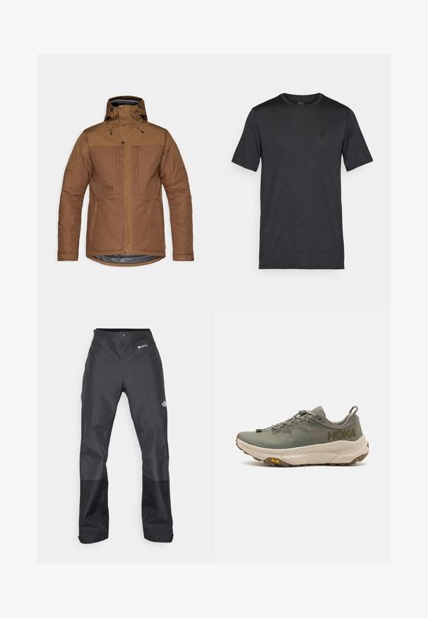 Jachetă izolată maro cu glugă, fermoar frontal și închideri cu capse, două buzunare în zona pieptului și lateral, și curele ajustabile la încheieturi.; Tricou negru cu mânecă scurtă, fabricat dintr-un material fin și ușor. Are un guler rotund și un logo brodat pe piept.; Pantaloni negri impermeabili cu o textură netedă, având un logo GORE-TEX pe față și picioare inferioare întărite pentru durabilitate.; Adidași de alergare verzi Hoka cu upper din Gore-Tex, accente texturate, șireturi elaste și talpă groasă bej cu logo-ul Vibram.